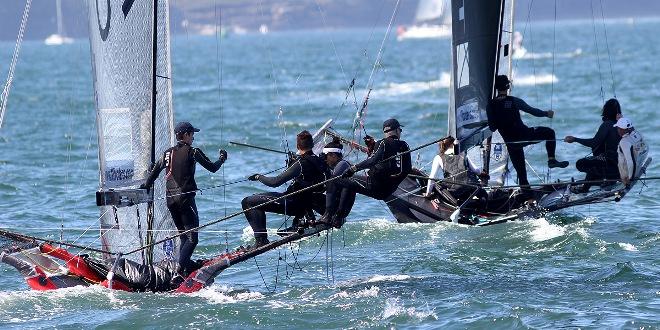 Alcatel One Touch and Triple M in close contact on the first windward leg - 2016 18ft Skiffs Queen of the Harbour © Frank Quealey /Australian 18 Footers League http://www.18footers.com.au